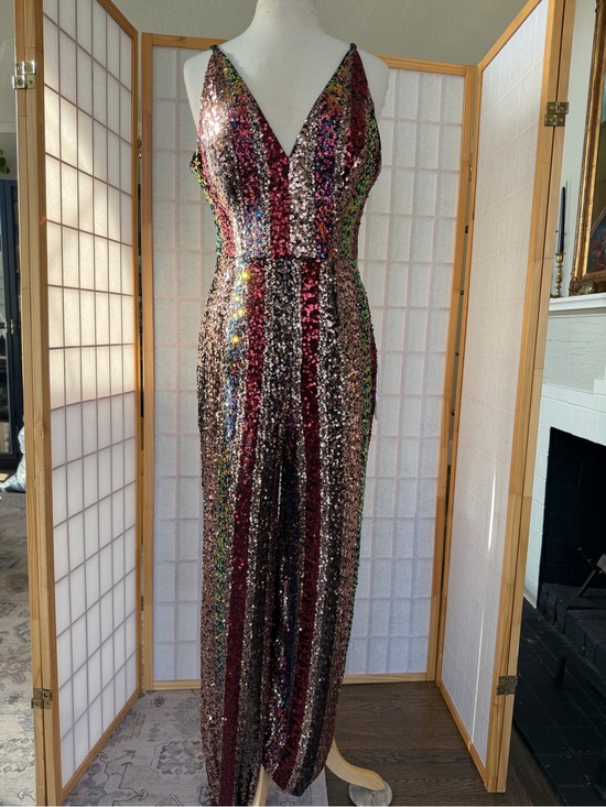 Dress the Population Pants - Dress the Population Strappy Rainbow Stripe Sequined Jumpsuit with V-Neck
